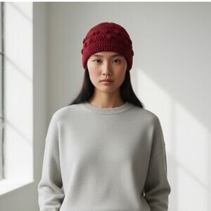 Red Hand Crochet Beanie Hat Handmade Cotton Yarn OS Winter Fall